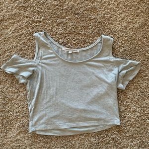 Grey short sleeve crop top with cut out shoulders